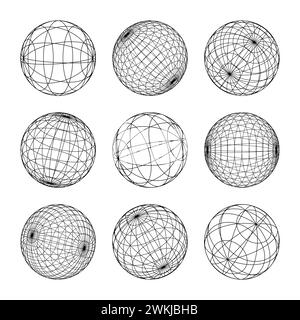 Drahtmodellformen, gefütterte Kugel. Perspektivisches Netz, 3D-Raster. Geometrische Elemente mit niedrigem Poly. Futuristische Retro-Designelemente, y2k, Vaporwave und Synthwave Stock Vektor