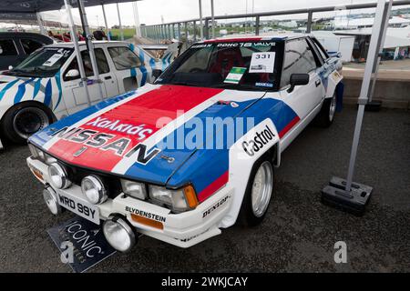 Dreiviertel-Vorderansicht eines 1983er Nissan 240RS „Group B“ Rallye-Car, das auf dem Silverstone Festival 2023 in der legendären Auktion verkauft wird Stockfoto