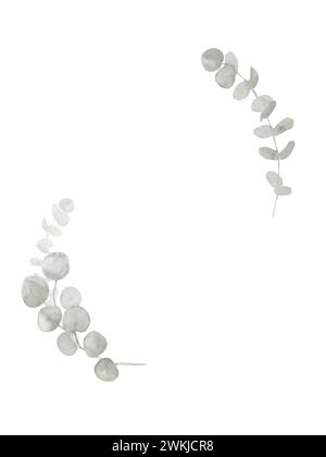 Grauer und grüner Eukalyptusrahmen. Botanische Illustration des Frühlings und des Winters für Hochzeit, Grußkarte, Kranz. Botanisches Laub isoliert auf Stockfoto