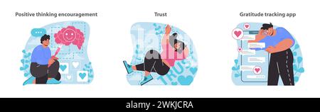 Positive Einstellung und Vertrauenskonzepte festgelegt. Optimismus fördern, Vertrauen und Dankbarkeit durch Technologie sichern. Illustration des flachen Vektors. Stock Vektor