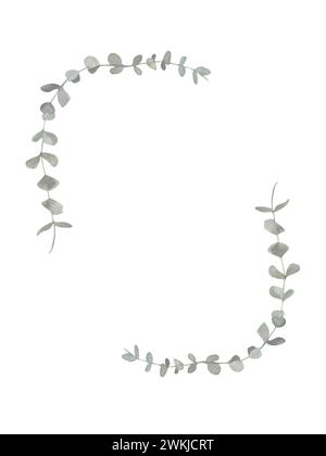 Grauer und grüner Eukalyptusrahmen. Botanische Illustration des Frühlings und des Winters für Hochzeit, Grußkarte, Kranz. Botanisches Laub isoliert auf Stockfoto