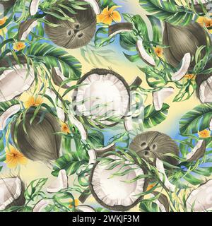 Kokosnüsse ganz, Hälften und Stücke mit hellen, grünen, tropischen Palmenblättern und gelben Plumerieblättern. Handgezeichnete Aquarellillustration. Nahtlos Stockfoto