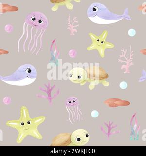 Nahtloses Muster mit Aquarellelementen: Babyschildkröte, Wal, Quallen, Seesterne und Korallen. Niedliche Meerestiere mit großen Augen. Für Babytextilien Stockfoto
