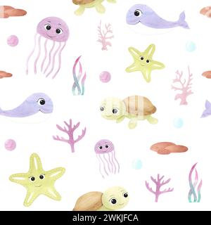 Nahtloses Muster mit Aquarellelementen: Babyschildkröte, Wal, Quallen und Seesterne. Niedliche Meerestiere mit großen Augen. Für Babytextilien, Postkarten, g Stockfoto