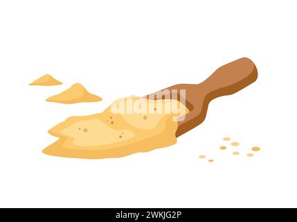 Weizenmehl in Holzschaufel. Holzspachtel mit Mehl und Körnern. Mehlhaufen. Vektorillustration isoliert auf weißem Hintergrund. Stock Vektor