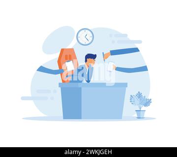 Geschäftsmann umgeben von Händen mit Bürosachen. Multitasking und Zeitmanagement. Moderne Illustration des flachen Vektors Stock Vektor