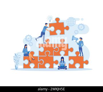 Gemeinsame Teamarbeit, Aufbau eines Geschäftsteams. Menschen verbinden Puzzleteile. Metapher von Zusammenarbeit und Geschäftspartnerschaft. Flacher Vektor moderner Il Stock Vektor