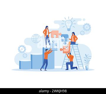 Menschen mit Puzzleteilen. Teamarbeit, Teambildung, Unternehmensorganisation, Partnerschaft, Problemlösung, innovativer Geschäftsansatz. Flacher Vektor m Stock Vektor