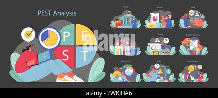 SCHÄDLINGSANALYSESET. Umfassende Geschäftsstrategie und Marktstudie. Politische, wirtschaftliche, soziale und technologische Faktoren. Strategische Planung, Chancen und Bedrohungen. Illustration des flachen Vektors. Stock Vektor