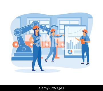 Produktionslinie mit Arbeitern, Automatisierung und Benutzeroberflächenkonzept. Benutzer, der sich mit einem Tablet verbindet und Daten mit einem physischen System freigibt. Flache vecto Stock Vektor