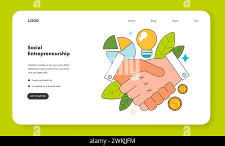 Web-Banner oder Landing-Page für soziales Unternehmertum. Unternehmerische Verantwortung für Gesellschaft und Umwelt. Finanzierung und Umsetzung von Lösungen für eine nachhaltige Entwicklung. Illustration des flachen Vektors Stock Vektor