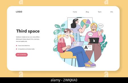 Webbanner oder Landing-Page an dritter Stelle. Soziale Umgebung, getrennt von Zuhause und Arbeitsplatz. Community Life Building, People Interaction und Kommunikationszone. Illustration des flachen Vektors Stock Vektor