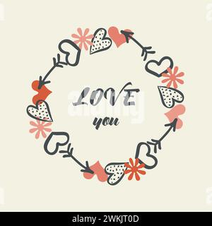 Doodle Love Concept Kranz, kreisförmiger Rahmen. Dekorative, handgezeichnete Pinselstriche, rosa Farbformen, skizziertes Design im Cartoon-Stil Stock Vektor