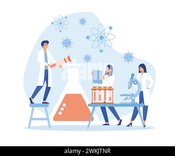 Wissenschaftliche Forschung. Wissenschaftler tragen Labormäntel, wissenschaftliche Forschungen und chemische Laborversuche. Moderne Illustration des flachen Vektors Stock Vektor