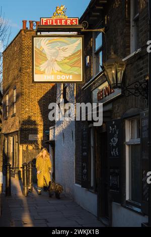 Eine junge Frau, die sich im Licht sonnt und mit ihrem Hund vor dem Dove Public House in Hammersmith, West London, England, Großbritannien, geht Stockfoto