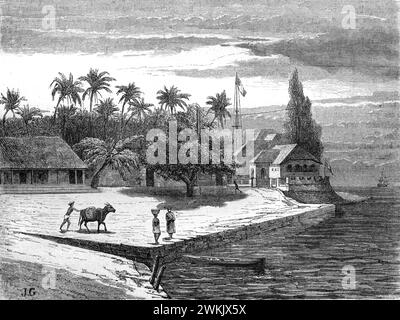 Früher Blick auf den Quay oder den Quayside in Mahé oder Mayyazhi, am Mahé River, Puducherry, Malabar Coast, Kerala Indien. Vintage oder historische Gravur oder Illustration 1863 Stockfoto