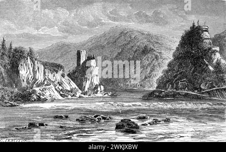 Rapids, River Rocks, Whitewater und Narrow Passage, bekannt als Le Strudel, an der Donau bei Grein, Österreich. Vintage oder historische Gravur oder Illustration 1863 Stockfoto