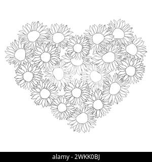 Linie Art schwarze Tinte Sonnenblumenherzen Hintergrund, Hand gezeichnete florale Elemente für Valentinstag. Vektorillustrationen für Karten oder Einladungen, Färbung Stock Vektor