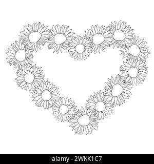 Line Art Sonnenblumenherzen mit schwarzer Tinte, handgezeichnete Blumenelemente für den Valentinstag. Vektorillustrationen für Karten oder Einladungen, Malbuch. Stock Vektor