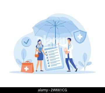 Krankenversicherungskonzept. Großes Klemmbrett mit Dokument unter dem Schirm. Gesundheitswesen, Finanzen und medizinischer Dienst. Flachvektor Moderne Illustraten Stock Vektor