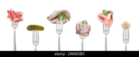Gabeln mit verschiedenen Produkten isoliert auf weiß, Sammlung Stockfoto