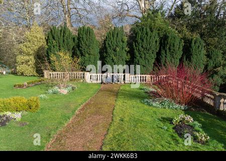 Blick auf die Gärten des Colesbourne Park Country Anwesens in Gloucestershire, England, Großbritannien, mit Schneeglöckchen blühenden im Februar Stockfoto