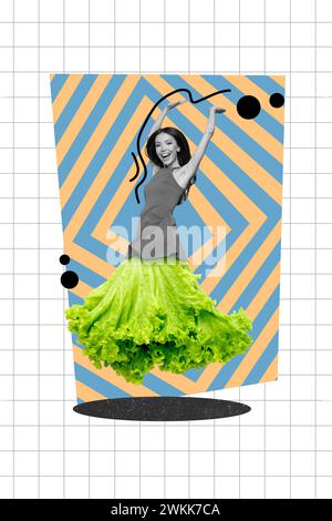 Collage 3D-Bild Pin up Pop Retro-Skizze lustig aufgeregter weiblicher Tanz Gefühl Leichtigkeit Salat Salatrock bizarr ungewöhnliche Fantasy-Plakatwand Stockfoto