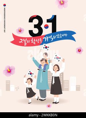 Tag Der Unabhängigkeitsbewegung (1. März). Eine Familie, die Hanbok trägt, winkt mit der koreanischen Flagge und feiert. Stock Vektor