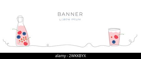 Lineares Sommerbeerengetränk im Gefäß, Glasvektorbanner. Einfaches Poster für Menü, Zeilenelemente. Stock Vektor
