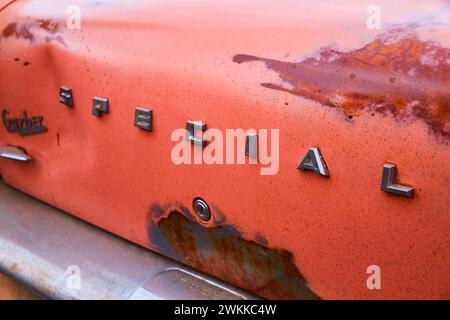 Oldtimer-Schriftzug in Chrom auf der Rusty-Platte – Nahaufnahme Stockfoto