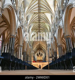 Beeindruckende Rippengewölbe und Bögen im Kirchenschiff der Lincoln Cathedral, Lincolnshire, England Stockfoto