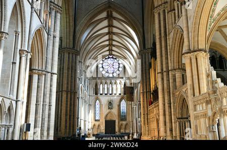 Nördliches Querschiff mit Dean's Eye-Fenster in Lincoln Cathedral, Lincolnshire, England Stockfoto