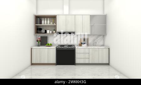 Minimalistisches Küchenschrankdesign mit Marmorarbeitsfläche und Backsplash Stockfoto