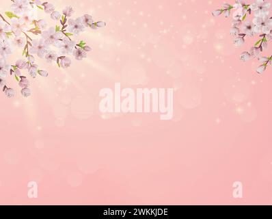 Blühende hellrosa Sakura-Blüten. Realistische Kirschblüten. Hintergrund für Textur Tapete Einladung Grußkarten Hochzeit. Stockfoto