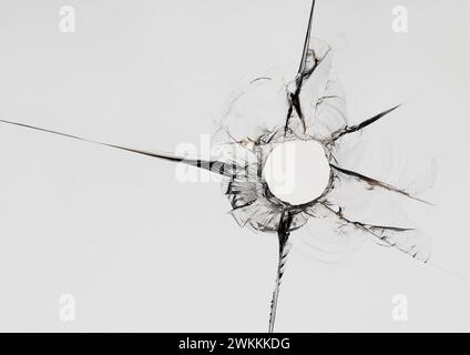 Glasbruch. Risse im Fenster. Aufzählungsloch im Fenster auf weißem Hintergrund. Hohe Auflösung. Stockfoto