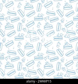 Nahtloses Makronen-Muster mit süßem Dessert. Hand gezeichneter bunter Kuchen Vektor Illustration blauer Hintergrund für Oberflächendesign, Textil, Stoff, sc Stock Vektor