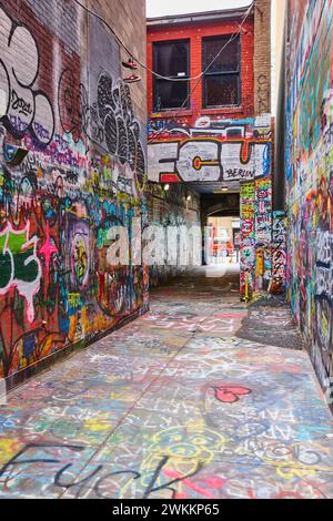 Farbenfrohe Graffiti Alley in Urban Michigan, Blick auf Augenhöhe Stockfoto