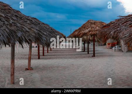 Symmetrische Reihe von strohgedeckten Hütten an einem Sandstrand unter bewölktem und blauem Himmel in Varadero, Kuba Stockfoto