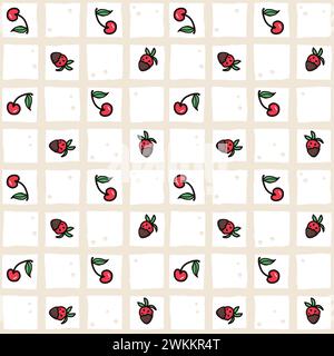 Kirsch- und Erdbeergeometrie nahtloses Muster. Sommerbeeren, Früchte mit Blättern, Vektor-Hintergrund. Handgezeichnete Kritzelabbildung für Abdeckung Stock Vektor