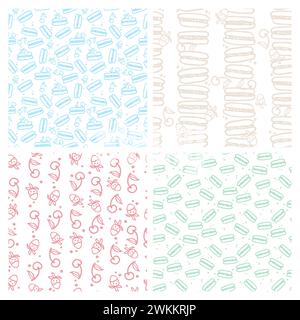 Makronen- und Fruchtmuster mit süßem Dessert. Hand gezeichneter bunter Kuchen Vektor Illustration Pastell Farbe Hintergrund für Oberflächendesign, t Stock Vektor