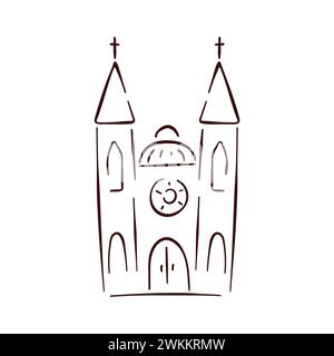 Kathedrale im Stil der Kunst. Einfaches handgezeichnetes Logo in der Kirche. Vektorillustration auf weißem Hintergrund isoliert. Stock Vektor
