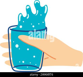 Hand gezogene Hand, die ein Glas Wasser hält. Konzept der Hydration, trinken Sie mehr Wasser. Stock Vektor