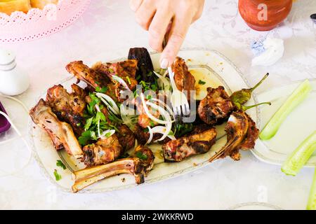 Verschiedene Shish Kebabs, Gemüse, Salat mit frischen Tomaten und Gurken auf dem Tisch, nationale, östliche Gerichte Stockfoto