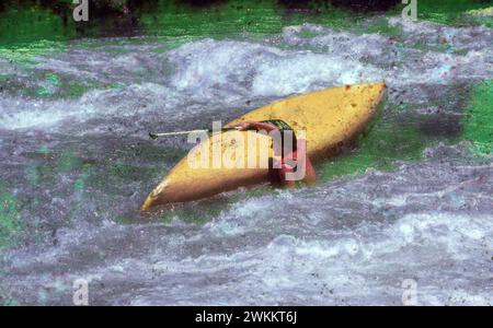 New Braunfels Texas USA: Ein junger Mann mit Schwimmweste versucht, sein Kanu zu korrigieren, das in Stromschnellen auf dem Guadalupe River umgekippt wurde, einem Wasserweg in Zentral-Texas, der bei Paddlern und Knollen beliebt ist. ©Bob Daemmrich Stockfoto