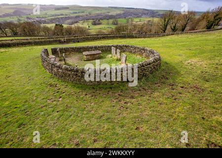 Die Riley-Gräber und Grabstätten, umgeben von einer Steinmauer, die Gräber der ganzen Hancock-Familie. Die alle an der Pest im Eyam Peak District Derbyshire gestorben sind Stockfoto