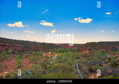 Blick auf das Tal des Murchison River, mit grünen Bäumen und roten Felsen, vom Ross Graham River Walk, Kalbarri National Park, Western Australia Stockfoto