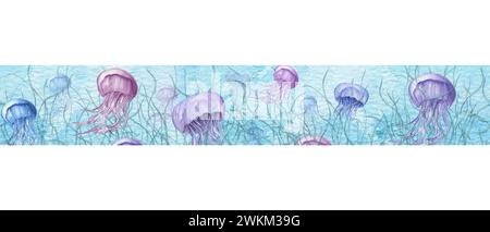 Schwimmende medusa-Schwärme zwischen Pflanzen. Nahtloses Banner. Blaue und violette Quallen. Quallen mit langen giftigen Tentakeln. Meerestiere. Stockfoto