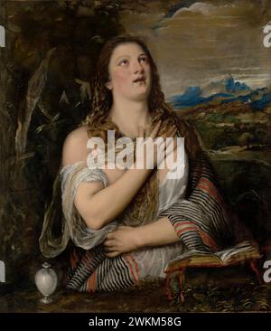 Die Buße Magdalene; Tizian (Tiziano Vecellio) (Italienisch, ca. 1487 - 1576); 1555 - 1565; Öl auf Leinwand; 108,3 x 94,3 cm (42 5/8 x 37 1/8 Zoll); 56.PA.1 Stockfoto