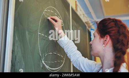 Ein rothaariges Schulmädchen zeichnet geometrische Formen auf die Tafel. Stockfoto