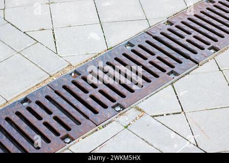 Langer Regenabfluss auf Gras und Gehsteig aus nächster Nähe Stockfoto